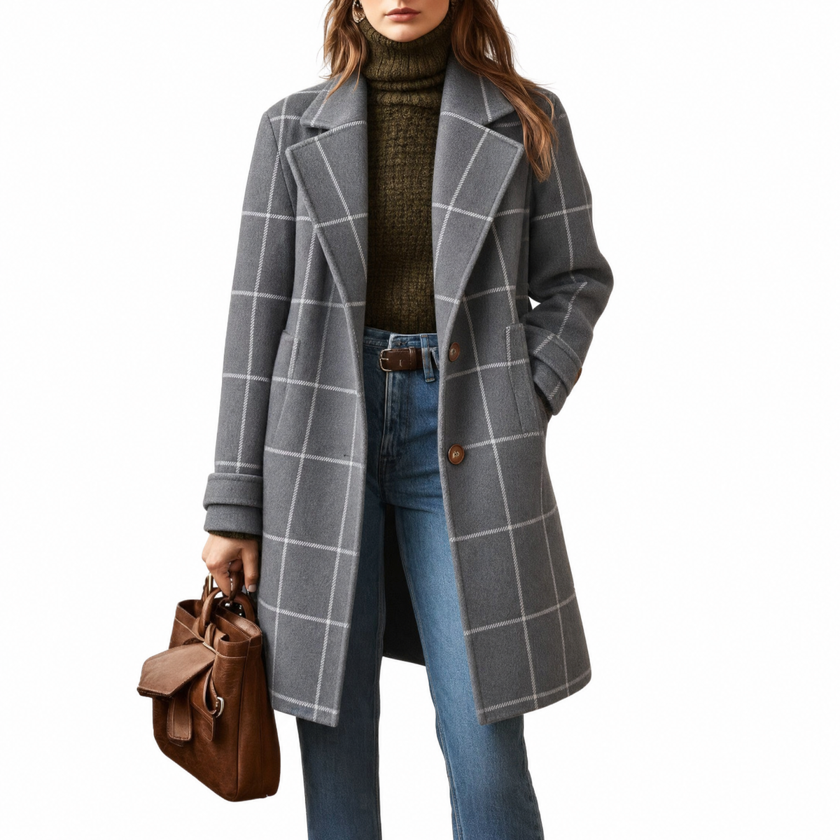 Benedetta | Cappotto Midi Con Revers Elegante - Grigio a quadri
