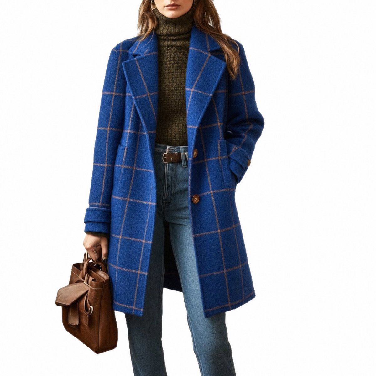 Benedetta | Cappotto Midi Con Revers Elegante - Blu a quadri