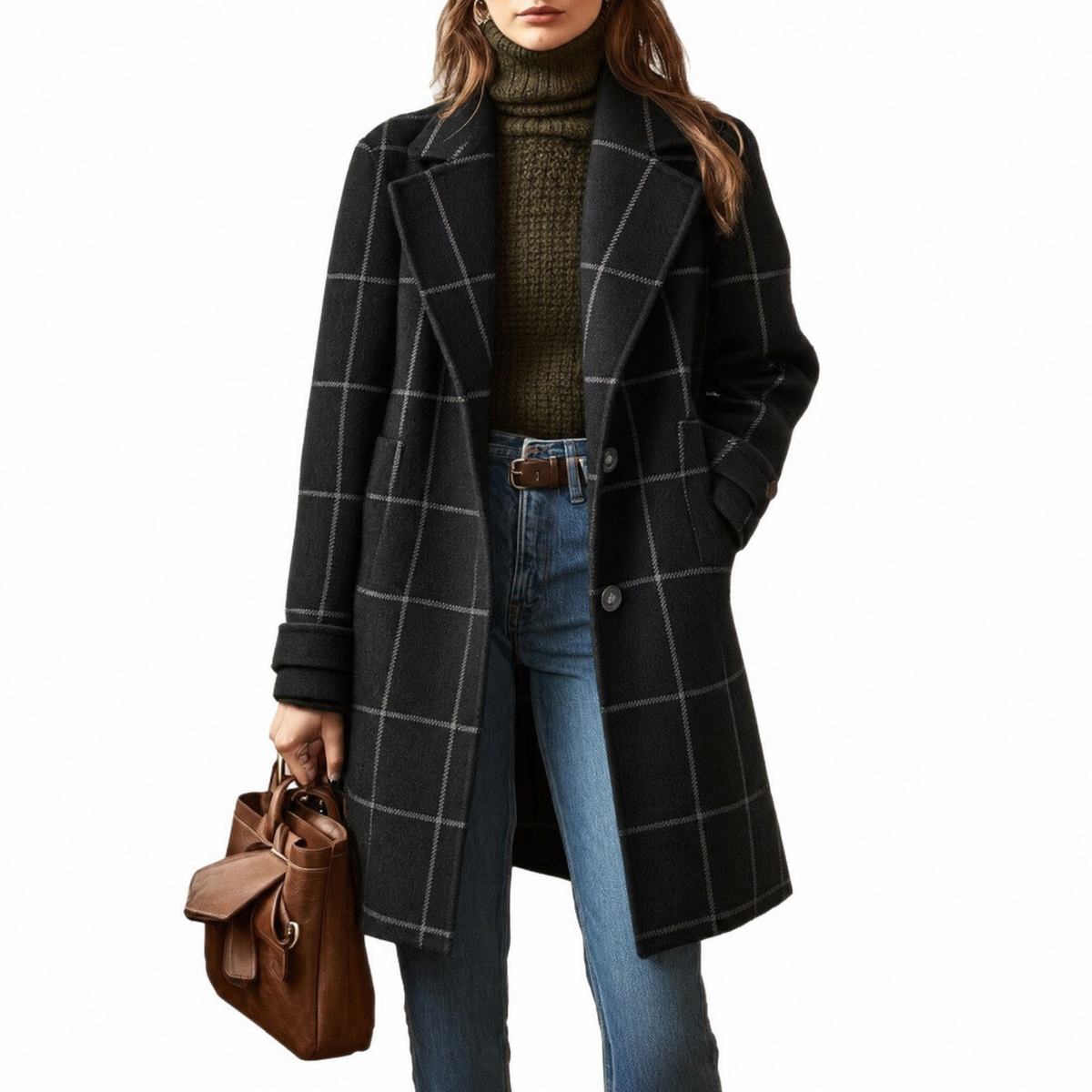 Benedetta | Cappotto Midi Con Revers Elegante - Nero a quadri