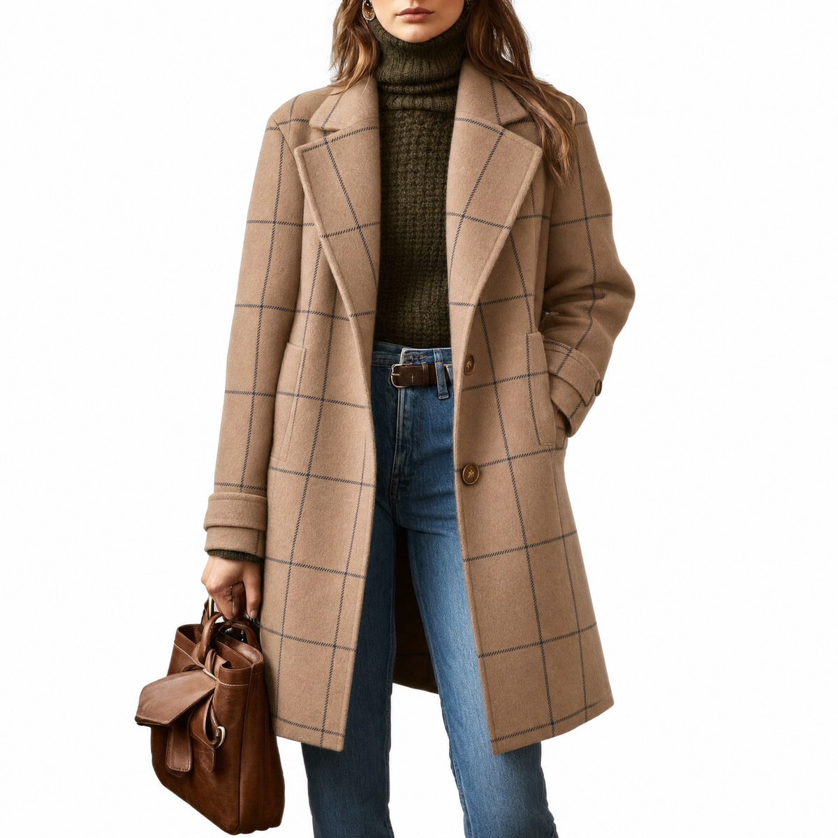 Benedetta | Cappotto Midi Con Revers Elegante - Cammello a quadri