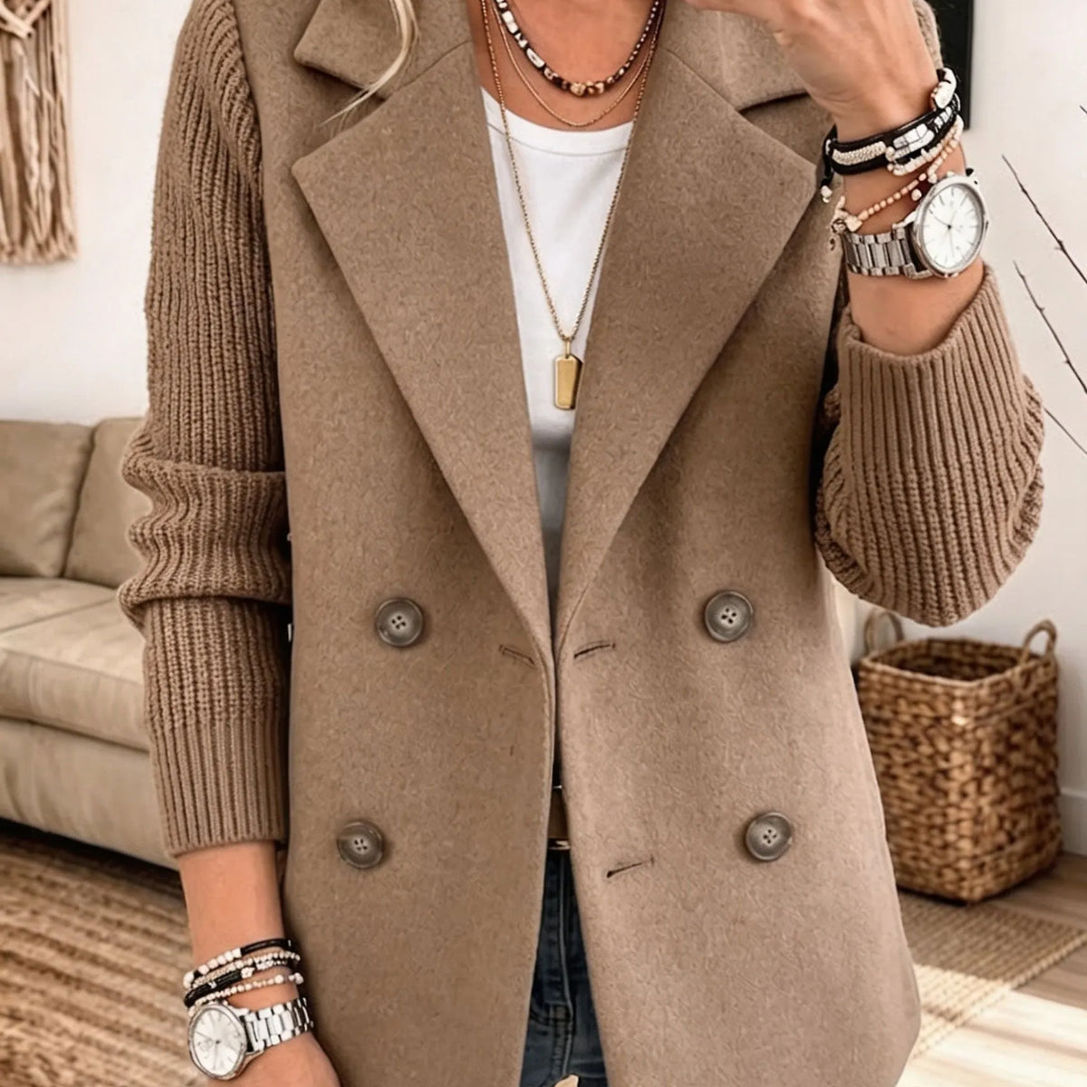 Costanza | Blazer Bicolore Con Maniche A Coste - Kaki