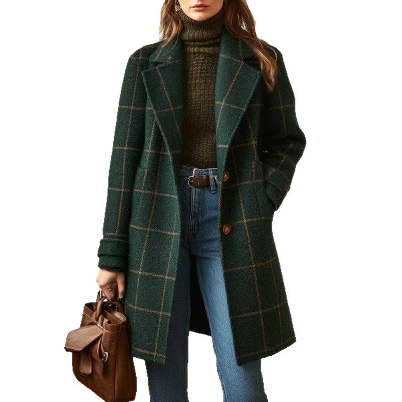 Benedetta | Cappotto Midi Con Revers Elegante - Verde a quadri