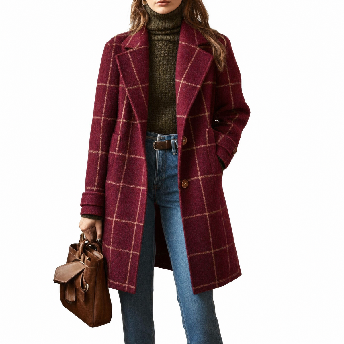 Benedetta | Cappotto Midi Con Revers Elegante - Bordeaux a quadri