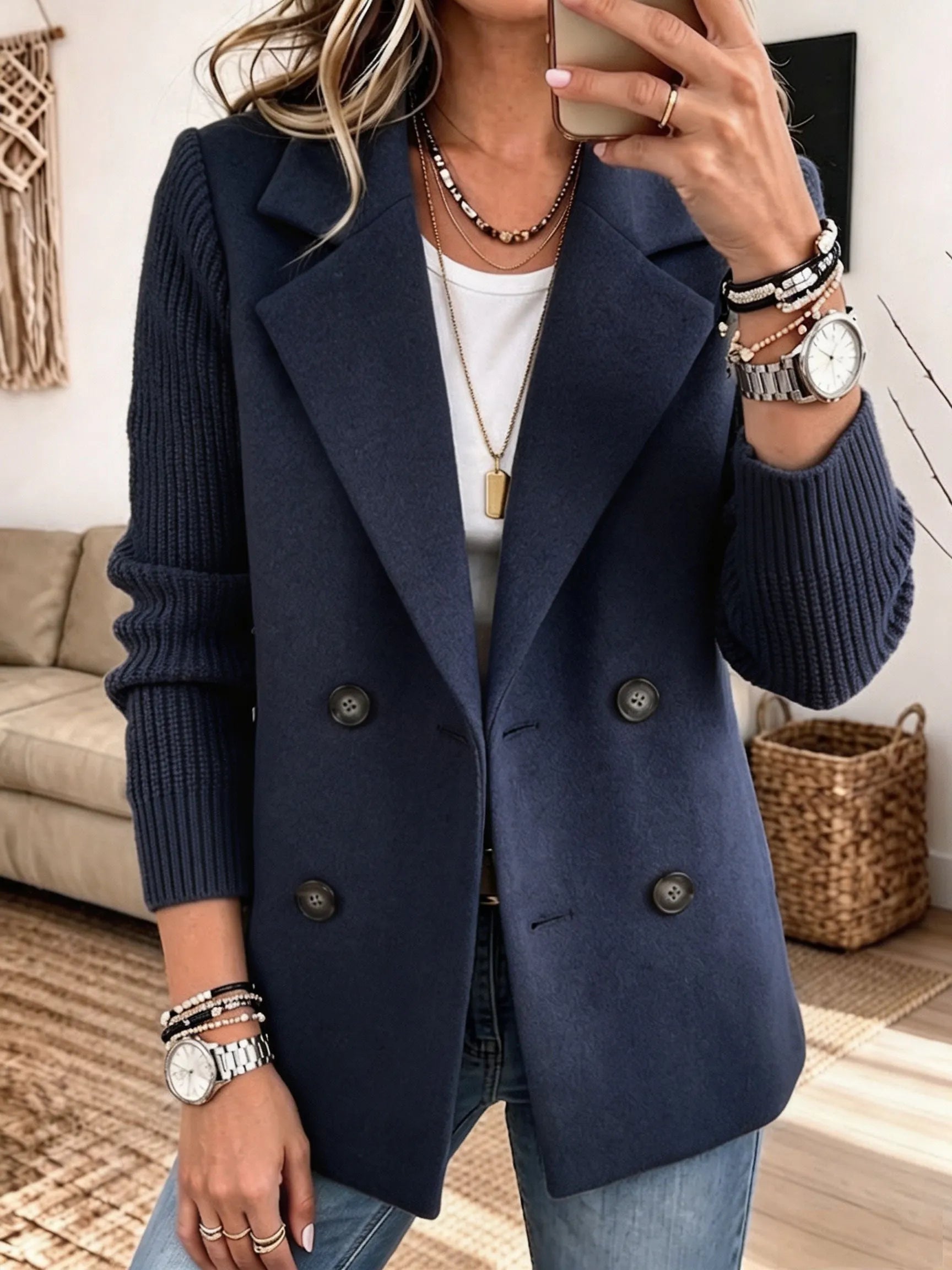 Costanza | Blazer Bicolore Con Maniche A Coste - Blu navy