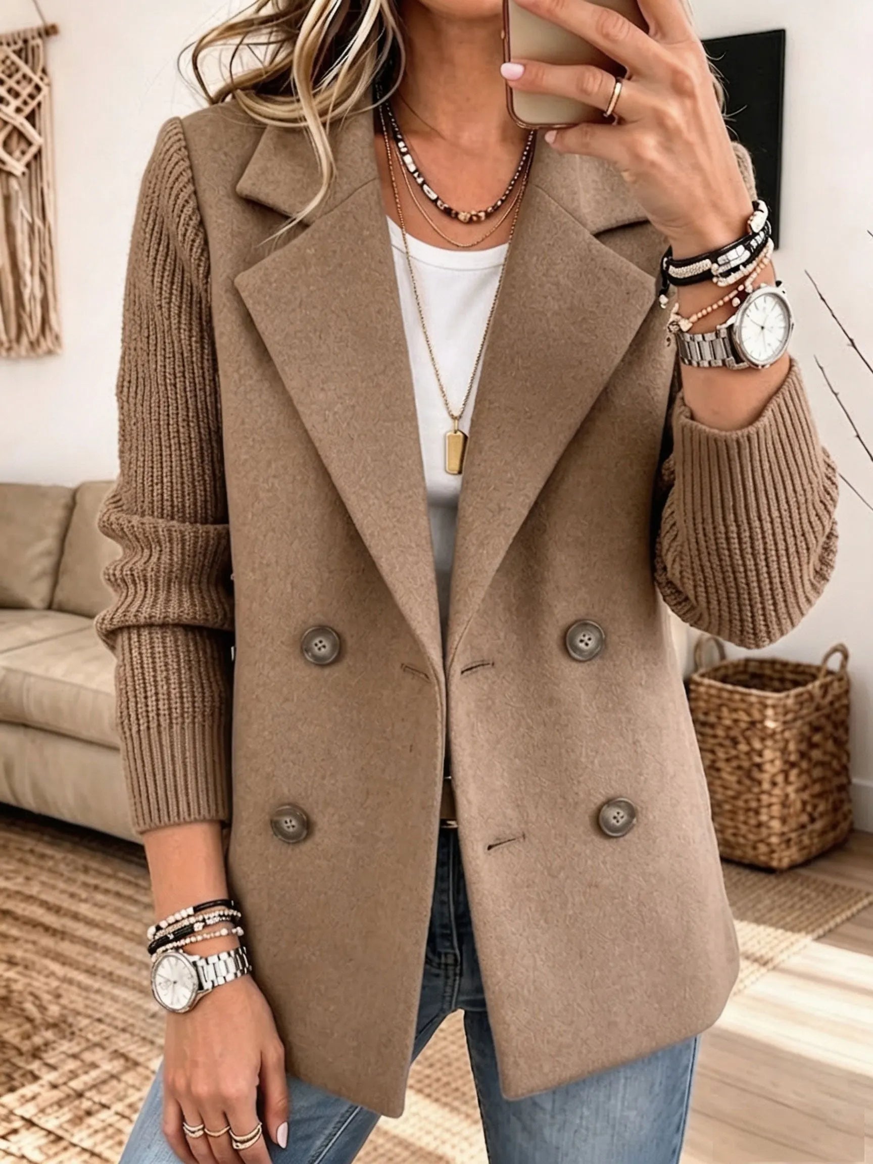 Costanza | Blazer Bicolore Con Maniche A Coste - Kaki